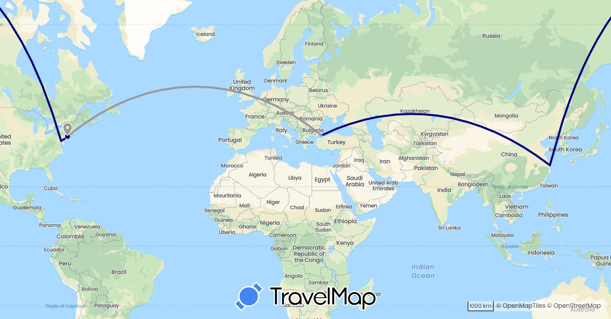 TravelMap itinerary: driving, plane in China, Turkey, United States (Asia, North America)